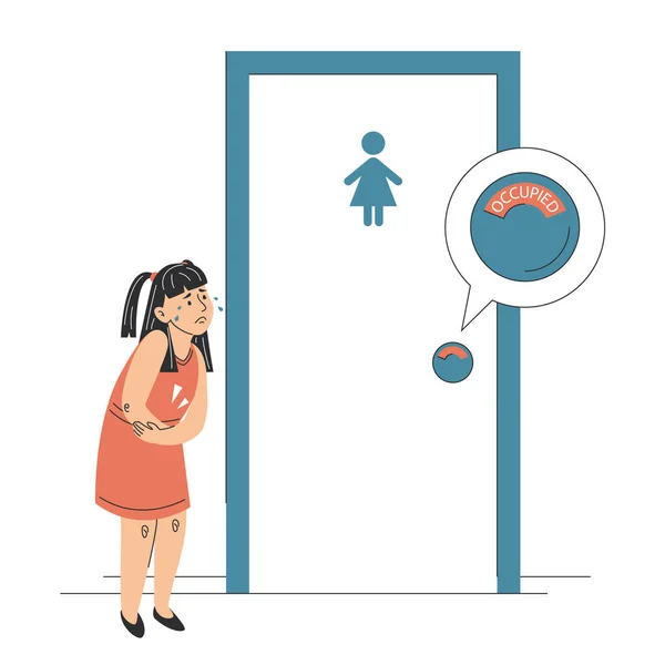 Dziewczyna Biegunką Stojąca Przy Zamkniętych Drzwiach Toaletowych Odizolowana Ból Brzucha — Wektor stockowy