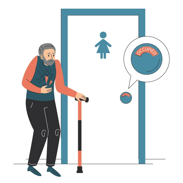 Homme Âgé Avec Diarrhée Debout Porte Fermée Des Toilettes Vecteur — Image vectorielle