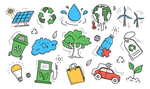 Doodle Ecology Icons Set Vector Isolated Cute Funny Pictograms Hand — Stock Vector