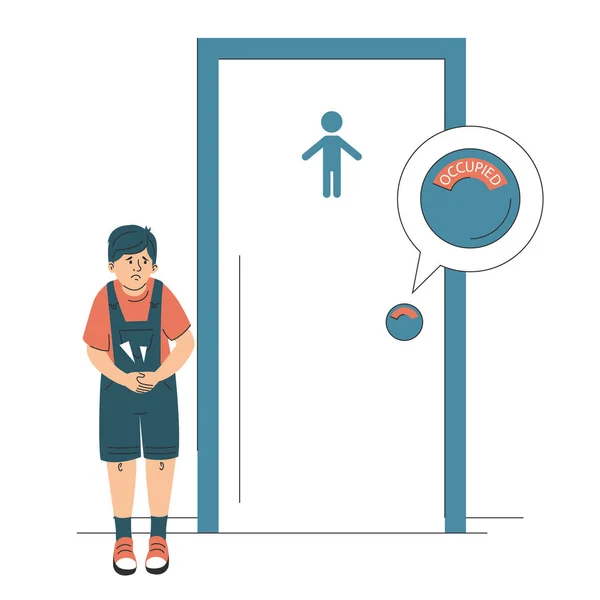 Αγόρι Διάρροια Στέκεται Κλειστό Φορέα Πόρτα Τουαλέτα Απομονωμένο Πόνος Στην — Διανυσματικό Αρχείο