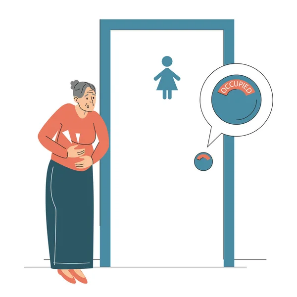 Starsza Kobieta Biegunką Stojąca Przy Zamkniętych Drzwiach Toaletowych Odizolowana Ból — Wektor stockowy