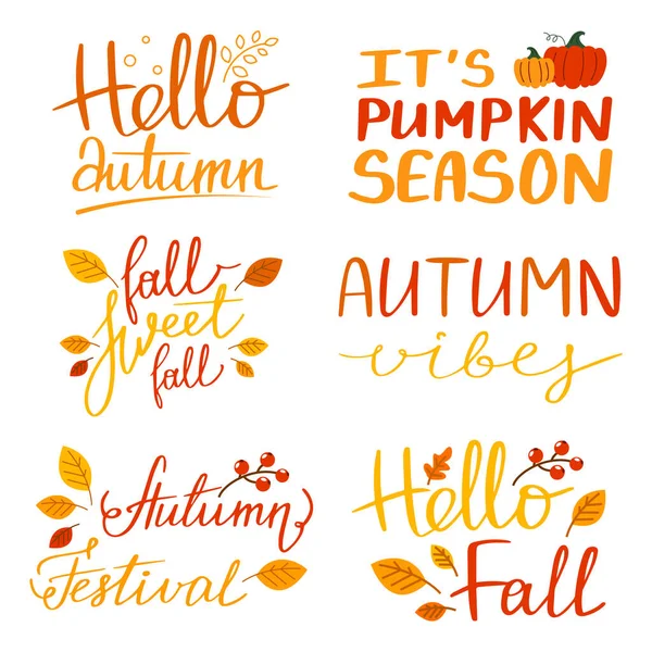 Autumn Lettering Set Vector Isolated Hello Fall Pumpkin Season Cute — Stock Vector