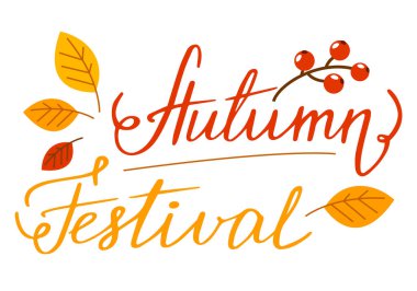 Sonbahar festivali harf vektörü izole edildi. Kısa bir deyiş, hat sanatı. Sonbahar kutlaması, sarı yapraklar ve kırmızı böğürtlen. Web pankartı tasarım elemanı. Sonbahar tatili.