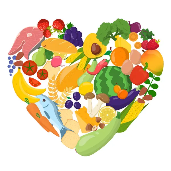 Gesunde Ernährung Form Eines Herzvektors Isoliert Das Richtige Ernährungskonzept Gemüse — Stockvektor
