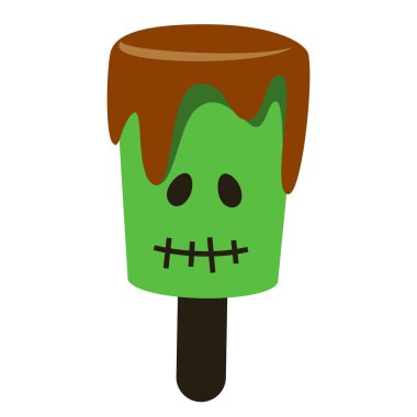Frankenstein lolipop vektörü izole edildi. Cadılar Bayramı şekeri, şeker ya da şeker, tatlı lezzetli yemekler. Çikolatalı yeşil kafa. Parti dekorasyonu.