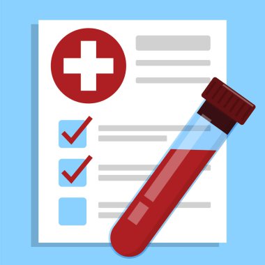 Kan analiz vektörü izole edildi. Test tüpünde kan var ve rapor kağıdının arkasında. Kimyasal analiz, sağlık kontrolü. Bilim, biyoloji ve tıp kavramı.