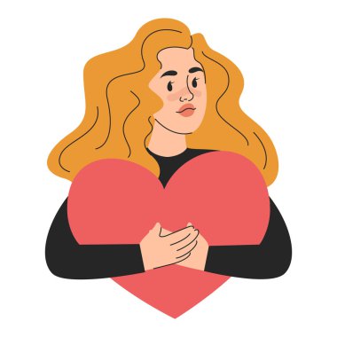 Kendini sev konsept vektörü izole. Kişisel aşk, kırmızı kalpli kadın karakter. Kalp işaretini kucaklayan bir kadın, kendine karşı olumlu bir tutum. Gülümseyen kız. Kişisel bakım ve kişisel gelişim.