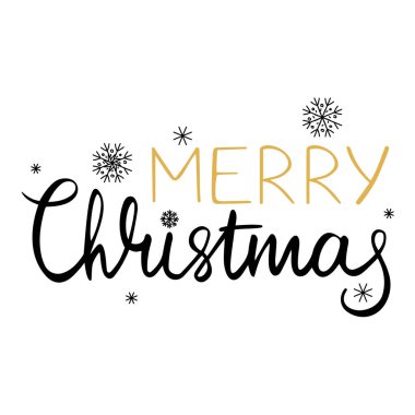 Mutlu Noel harfleri vektörü izole edildi. Kış tatili tebrik kartı tasarımı. El çizimi el yazısı. Noel kutlaması konsepti, kar taneleri süslemesi.