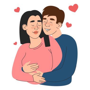 Birbirini kucaklayan çift vektör izole. Erkek ve kadın aşık, romantik bir ilişki, erkek karakter karısına sarılıyor. Mutlu aile.