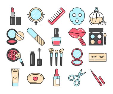 Güzellik ürünleri ikonları vektörü izole edildi. Farklı kozmetik ve makyaj aletlerinin piktogramları. Maskara, pudra, ruj ve oje..