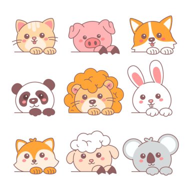 Sevimli hayvan kafaları vektör ikonları izole edildi. Komik bebek hayvanların çizimleri. Kedi, köpek, tilki ve aslan. Gülümseyen panda. Sevimli karakterler, bebek oyuncakları için tasarım elementleri.