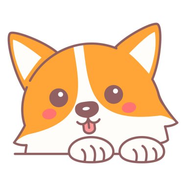 Şirin köpek kafası ikon vektörü izole edildi. Sevimli, mutlu bir hayvanın çizgi portresi. Küçük patileri olan şirin bir köpek yavrusu. Dili çıkmış, gülümseyen bir köpek..