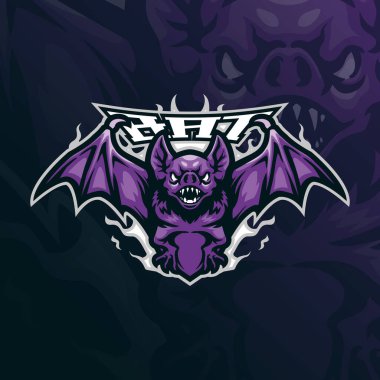 Rozet, amblem ve t-shirt baskısı için modern illüstrasyon konsepti olan yarasa maskotu logo tasarımı vektörü. Spor ve esport takımı için kızgın yarasa illüstrasyonu.