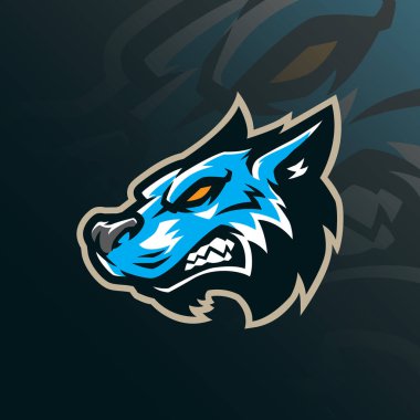 Rozet, amblem ve t-shirt baskısı için modern illüstrasyon konsepti olan kurt maskotu logosu tasarımı. Wolf spor ve esport takımı için baş illüstrasyon.