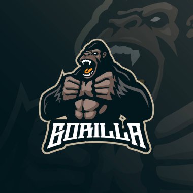 Rozet, amblem ve t-shirt baskısı için modern illüstrasyon konsepti olan goril maskotu logosu tasarımı. Kızgın goril illüstrasyonu.