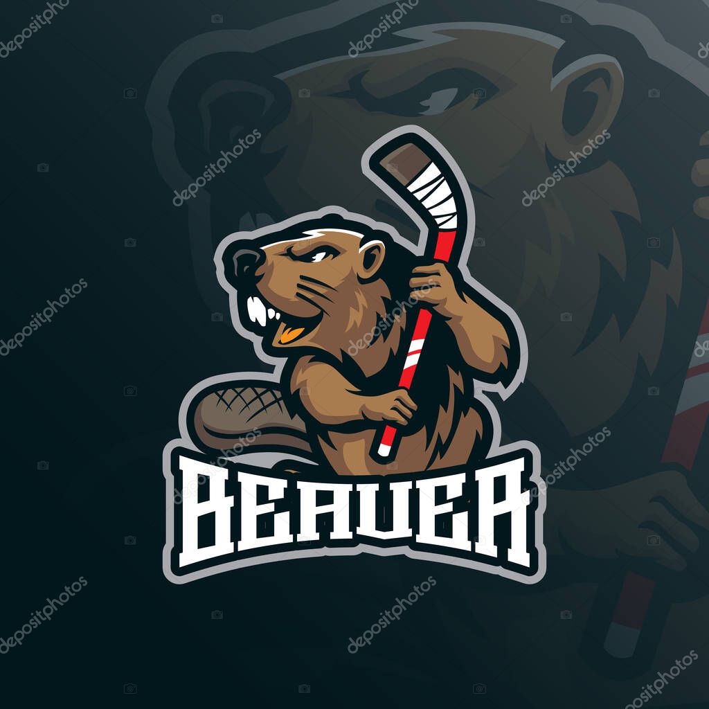 Beaver mascot logo design vector with modern illustration concept style for badge, emblem and t shirt printing. Beaver hockey illustration with stick in hand.