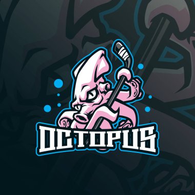Rozet, amblem ve t-shirt baskısı için modern illüstrasyon konsepti olan Ahtapot maskot logo tasarım vektörü. Ahtapot hokey illüstrasyonu.