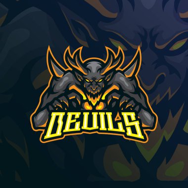 Devils maskot logosu tasarım vektörü. Rozet, amblem ve t-shirt baskısı için modern illüstrasyon konsepti. Kızgın şeytanlar spor ve esport takımı için illüstrasyon.
