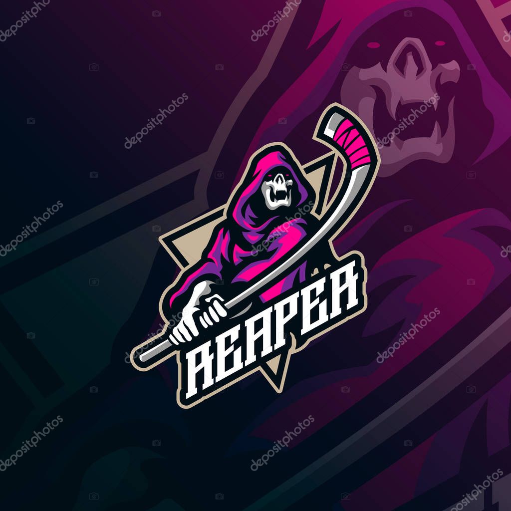 Reaper mascot logo design with modern illustration concept style for badge, emblem and t shirt printing. Reaper hockey illustration for sport team.