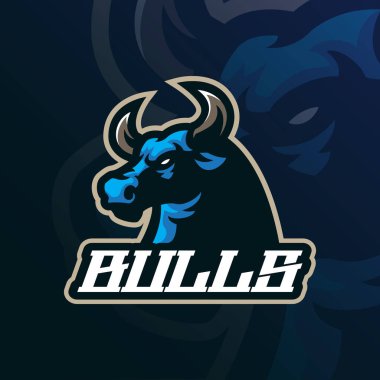 Rozet, amblem ve t-shirt baskısı için modern illüstrasyon konseptine sahip boğa maskotu logosu tasarımı vektörü. Spor takımı için baş illüstrasyon..