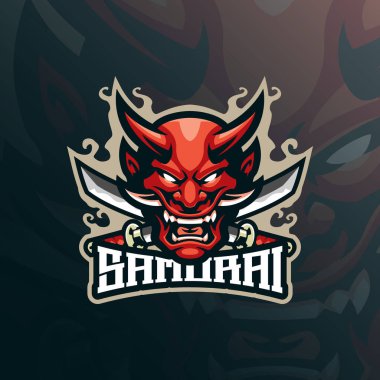 Samuray maskot logosu tasarımı vektörü. Rozet, amblem ve t-shirt baskısı için modern illüstrasyon konsepti. Samuraylar kılıçla resmedilir.