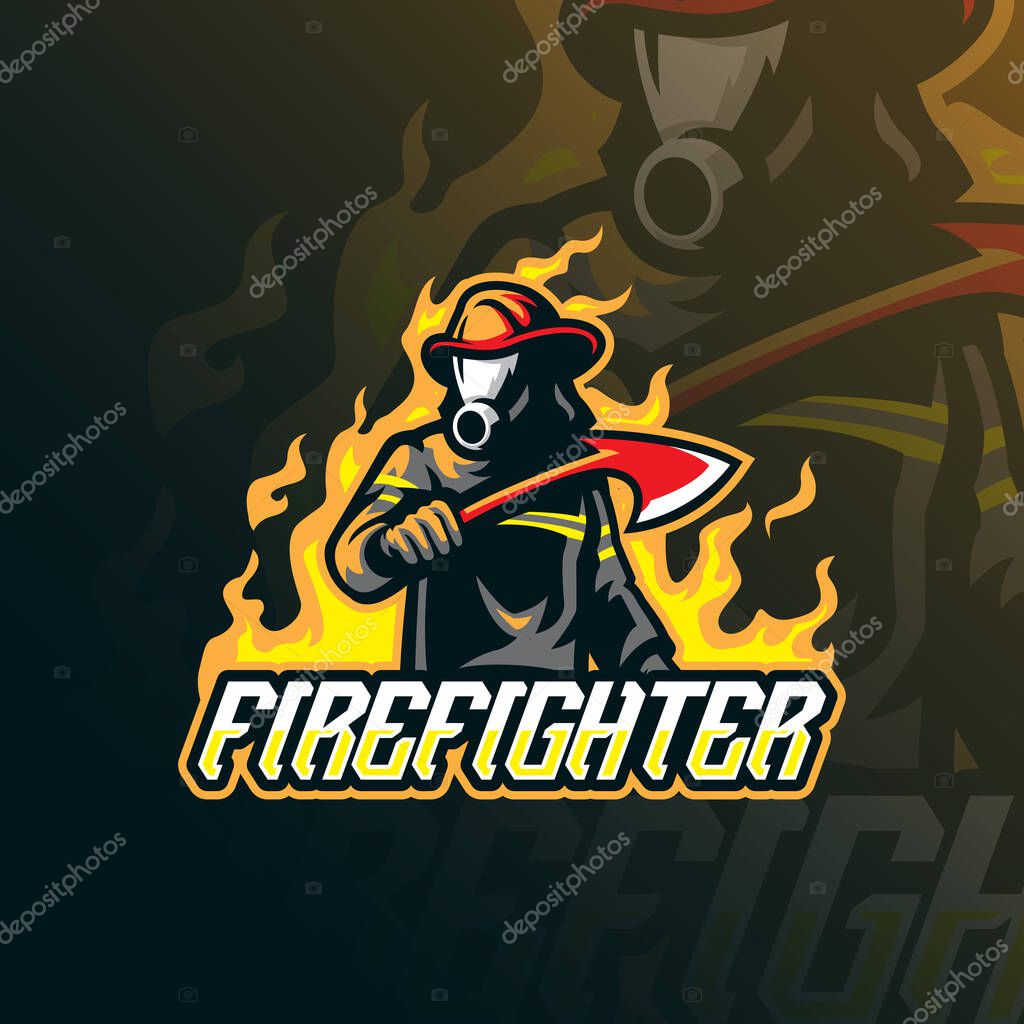 Firefighter mascot logo design vector with modern illustration concept style for badge, emblem and t shirt printing. Firefighter illustration with ax in hand.