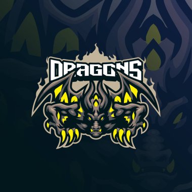 Rozet, amblem ve t-shirt baskısı için modern illüstrasyon konsepti olan ejderha maskotu logosu tasarımı. Kızgın ejderha illüstrasyonu.