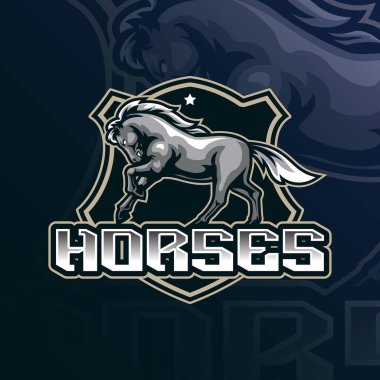 Rozet, amblem ve t-shirt baskısı için modern illüstrasyon tarzına sahip at maskotu logosu tasarımı. Spor ve esport takımı için at rozeti çizimi.