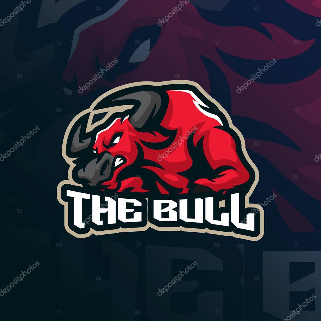 Bull mascot logo design for sport team and t-shirt printing. Angry red bull illustration.
