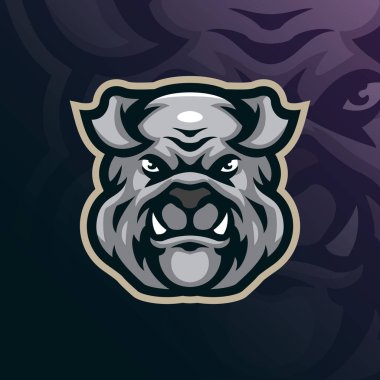 Rozet, amblem ve tişört baskısı için modern illüstrasyon konseptine sahip Bulldog maskot logosu. Köpek kafası illüstrasyonu.
