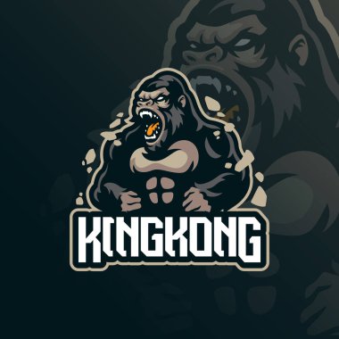 Rozet, amblem ve tişört baskısı için modern illüstrasyon konseptine sahip Kingkong maskot logosu. Spor takımı için kızgın Kingkong illüstrasyonu.