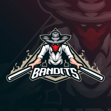 Haydutlar maskot logosu tasarımı vektörü. Rozet, amblem ve t-shirt baskısı için modern illüstrasyon konsepti. Haydutlar ellerinde sopayla resim çizerler.