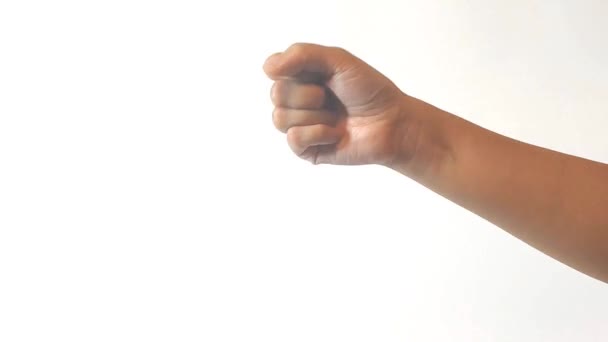 Γυναίκα Χέρι Δείχνουν Πέτρα Ψαλίδι Χαρτί Παιχνίδι Λευκό Φόντο — Αρχείο Βίντεο