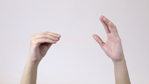 视频中的八卦女性手指说话 在工作室的白色背景墙上摆出隔离的姿势 并有复制空间用于促销内容 Blah手 说话姿势的概念 对话交流 — 图库视频影像