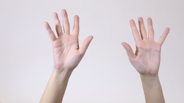Anonymous woman waving raised hand. Static shot of crop female waving raised arm trying to draw attention against white background