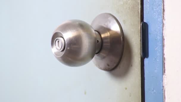 クロムの金属のハンドルが付いている現代白いドアを開ける手 インテリアの要素 閉じる ドアを開くには セキュリティ 入り口の概念 — ストック動画