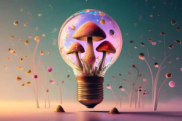Hanging decorative light bulb with enchanted colorful mushrooms and glowing sparkle confetti inside it on a white background