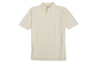 Düz krem polo tişört. Düz beyaz arka planda izole olmak kadınsı bir dokunuş katıyor. Rahat, günlük pamuklu bir tişört. Reklam tişörtleriniz için boş yer