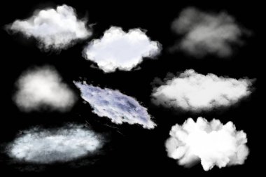 Clouds set isolated on black background. White cloudiness, mist or smog background