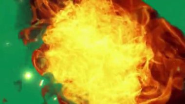 4 bin. Patlama animasyonu, bilgisayar grafikleri ateş patlaması, yeşil ekranda duman patlaması