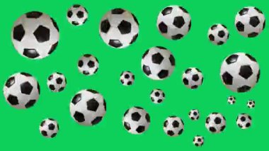 Futbol topu 3D yeşil ekranda düşüyor. Futbol topu sürekli yuvarlanıyor. Spor reklamcılığı için mükemmel. Yeşil ekranlı düz hareket için 4K 60fps. Sonsuz döngüde. futbol topları yuvarlanıyor
