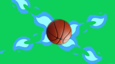Bir basketbol topu zıplıyor, yere zıplıyor. Klasik bir turuncu basketbol topu soldan sağa düşer ve yeşil ekran şeffaf arka planda yuvarlanır. Canlandırılmış video.
