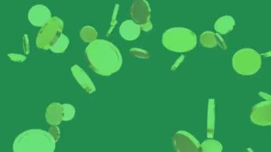Yeşil ekran krom anahtar üzerinde çok sayıda bozuk para arka planda 33d animasyon para yeşil ekran 4K video üzerine düşüş