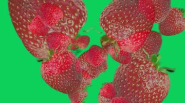 Yeşil ekranda uçan çilekler. Yavaş çekim 3d animasyon 4k video