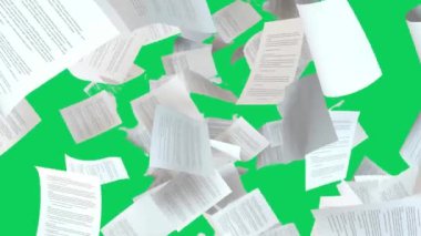 Beyaz kağıtlar yeşil arka plana düşüyor. Birleşiklik ve sunum için Yeşil Ekran.