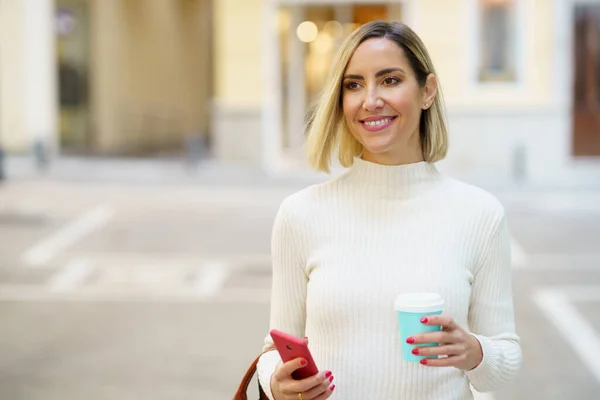 Charming Female Disposable Cup Takeaway Drink Cellphone Standing City Street — Stock Photo, Image