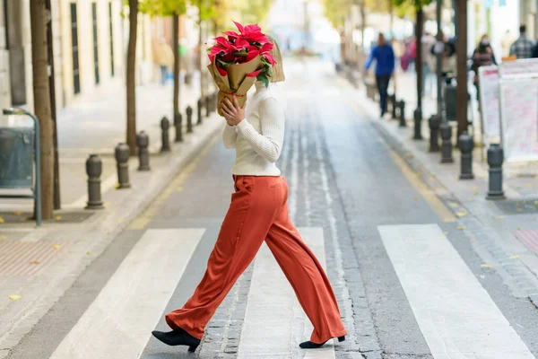 过马路时用纸包着盆栽红点花的无法辨认的女性遮盖脸的全景侧视图 — 图库照片