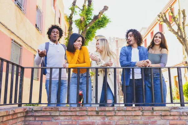Company Multiethnic Friendly People Standing Railing City Talking Each Other — Stock Photo, Image