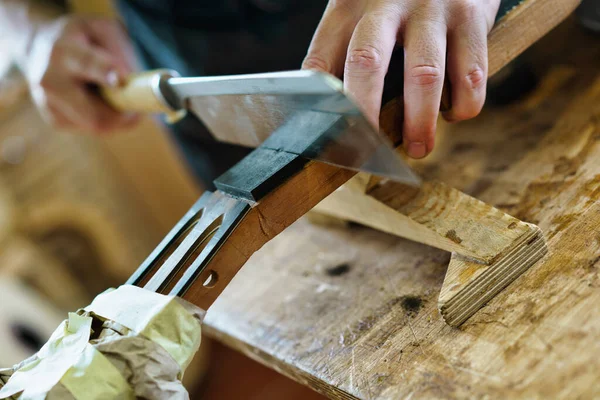 Crop Male Artisan Using Sharp Knife Cut Wood Marking Frets — Stock Photo, Image