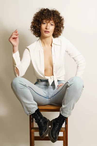 Full Length Flirty Female Model Curly Hair Stylish Wear Resting — Stock Photo, Image